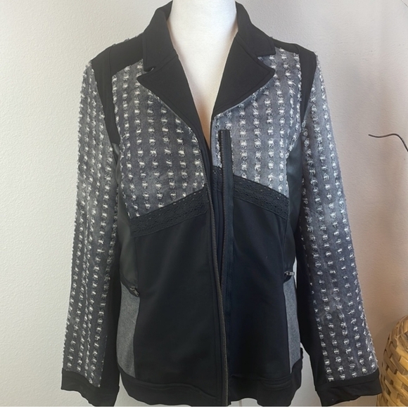 Adam Jacobs Black & Gray Mixed Media Patterned Blazer - Picture 1 of 8